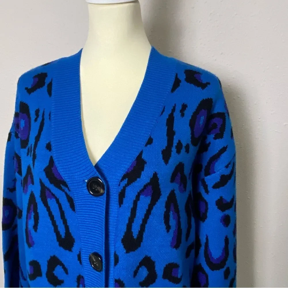 Sugar Lips Blue Animal Print Oversized Long Knit Cardigan Women's Size Medium